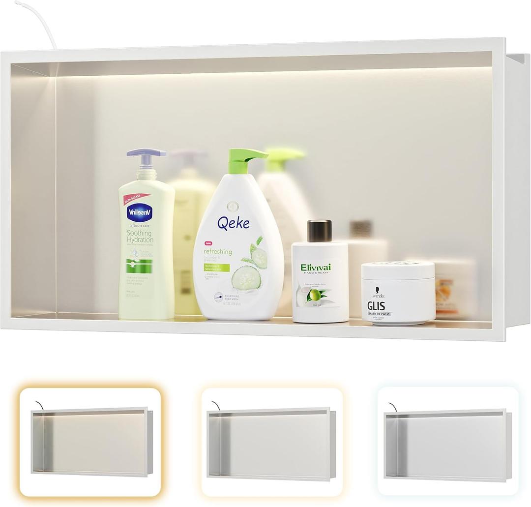 Stainless Steel Shower Niche 24" X 12", No Tile Needed Wall Niche with 3 Selectable Color Temperatures Led Light, Recessed Shower Shelf for Bathroom Storage Over Mount Installation, Brushed Nickel