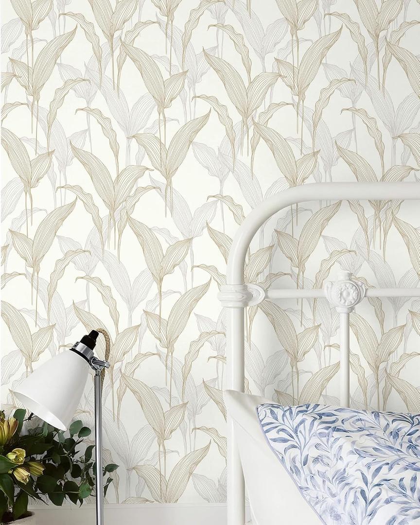 Heroad Peel and Stick Wallpaper Boho Contact Paper Modern Neutral Beige Leaf Wallpaper Removable for Bedroom Cabinets Self-Adhesive Decoration Thicken Vinyl Thicken 17.3" x 78.7"