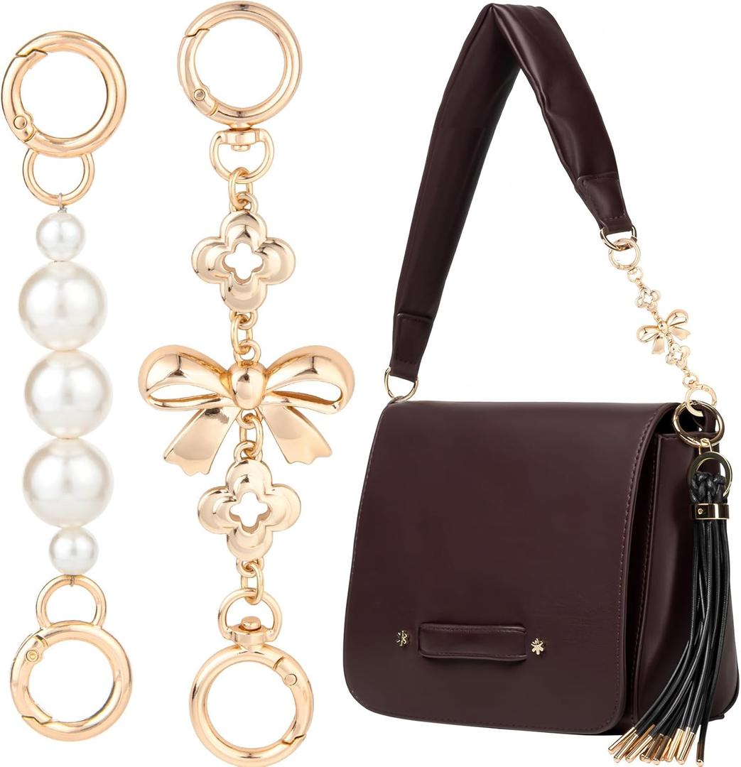 2 x Hzopcw 2pcs Gold Bag Extender Chain, Bow Pearl Purse Extender Chain for Women, Metal Bag Chain Charms for Handmade Shoulder Crossbody Bags Wallets Clutches