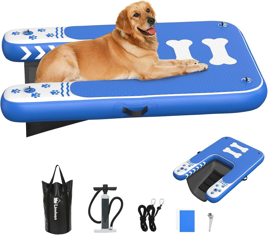 Dog Boat Ramp for Dogs Up to 240 lbs, Inflatable Dog Water Ramp | Dog Dock Ramp with Anti-Slip EVA Foam Safe & Easy Water Access, Dog Ramp for Boat, Pools, Lakes, Boats, Docks, Blue & White