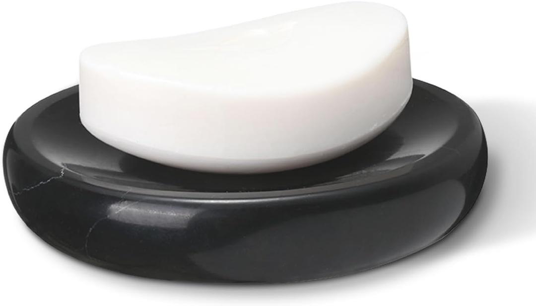 Natural Marble Soap Dish, Round Black Jewelry Dish 4.5 inch, Limestone Shower Soap Holder, Modern Stone Sponge Holder with White Stripe, Obsidian Bar Soap Saver Tray for Bathroom, Kitchen