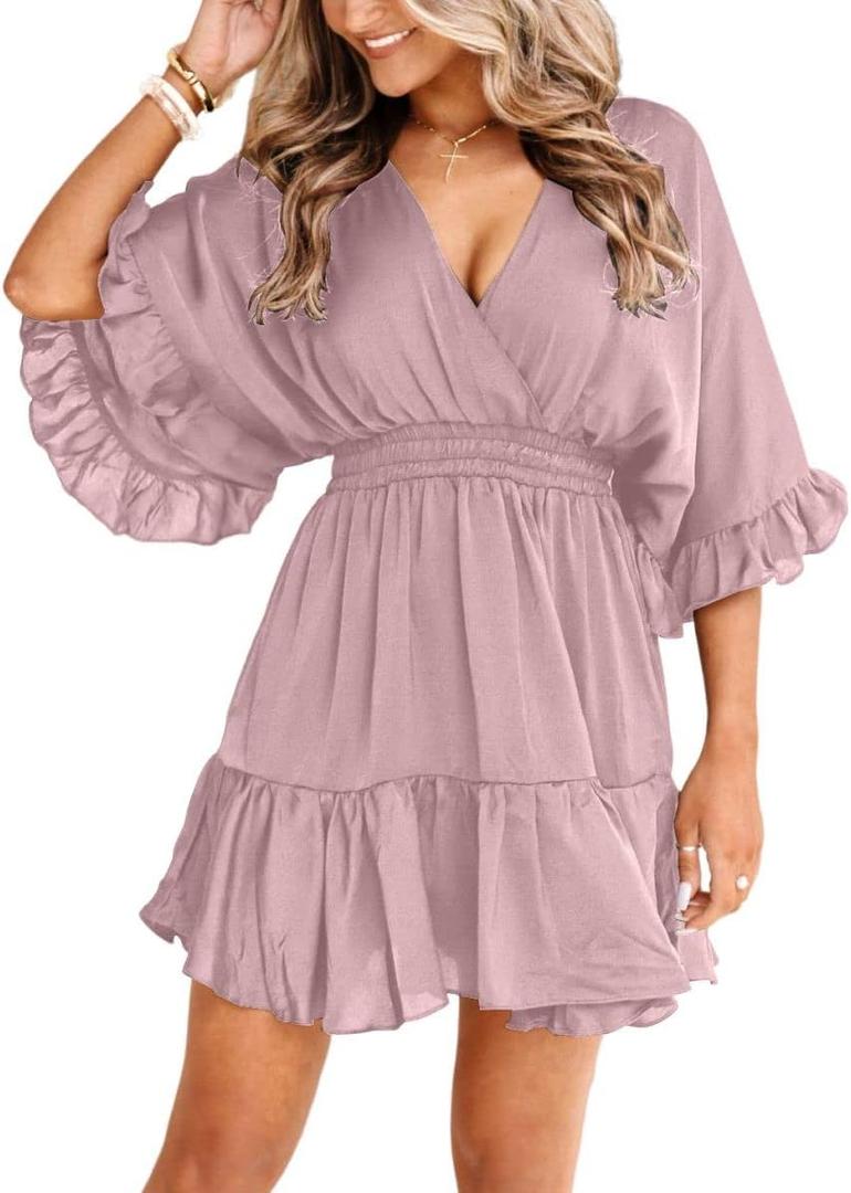 Aoysky Womens V Neck Casual Dresses Summer Loose High Waist Ruffle Pleated Cute Mini Short Dress (Pink), Large