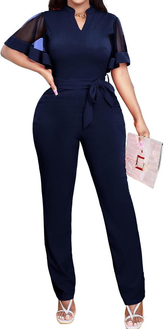 Yiershu Women's Jumpsuits Casual Dressy One Piece Outfits V Neck Formal Short Sleeve Mesh Ruffle Sleeve Romper (Large)
