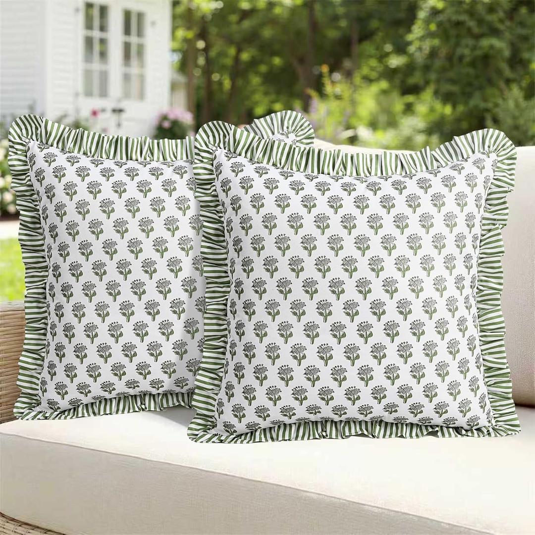 Cygnus Green Floral Outdoor Pillow Covers 18x18 Inch Waterproof Ruffle Decorative Spring Summer Throw Pillow Covers for Couch Patio Furniture Garden Bench Porch Outdoor Decor, Set of 2