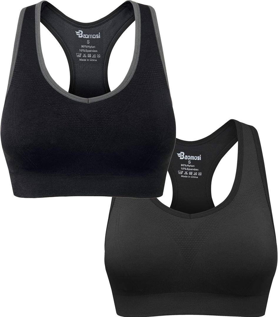 Women's Seamless Racerback Sports Bra High Impact Support Yoga Gym Workout Fitness (X-Large, 2pcs (Black,grey))