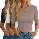 Riyiper 3 Pack Women's Elbow Length Tops, Half Sleeve Ribbed Cotton T Shirt Crew Neck Summer Tee Slim Fit Casual Blouses (Black, White, Khaki,Small)