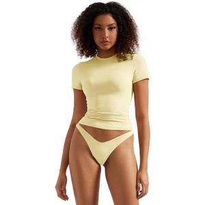 SUUKSESS Women Double Lined Fitted Basic Tee Crew Neck Short Sleeve Y2K Crop Top (Small, Yellow) SUUKSESS Women Double Lined Fitted Basic Tee Crew Neck Short Sleeve Y2K Crop Top (Small, Yellow)