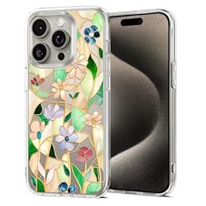 Unov Case Compatible with iPhone 15 Pro Case Clear with Design Embossed Floral Pattern Soft TPU Bumper Slim Protective 6.1 Inch (Stained Glass Flower)