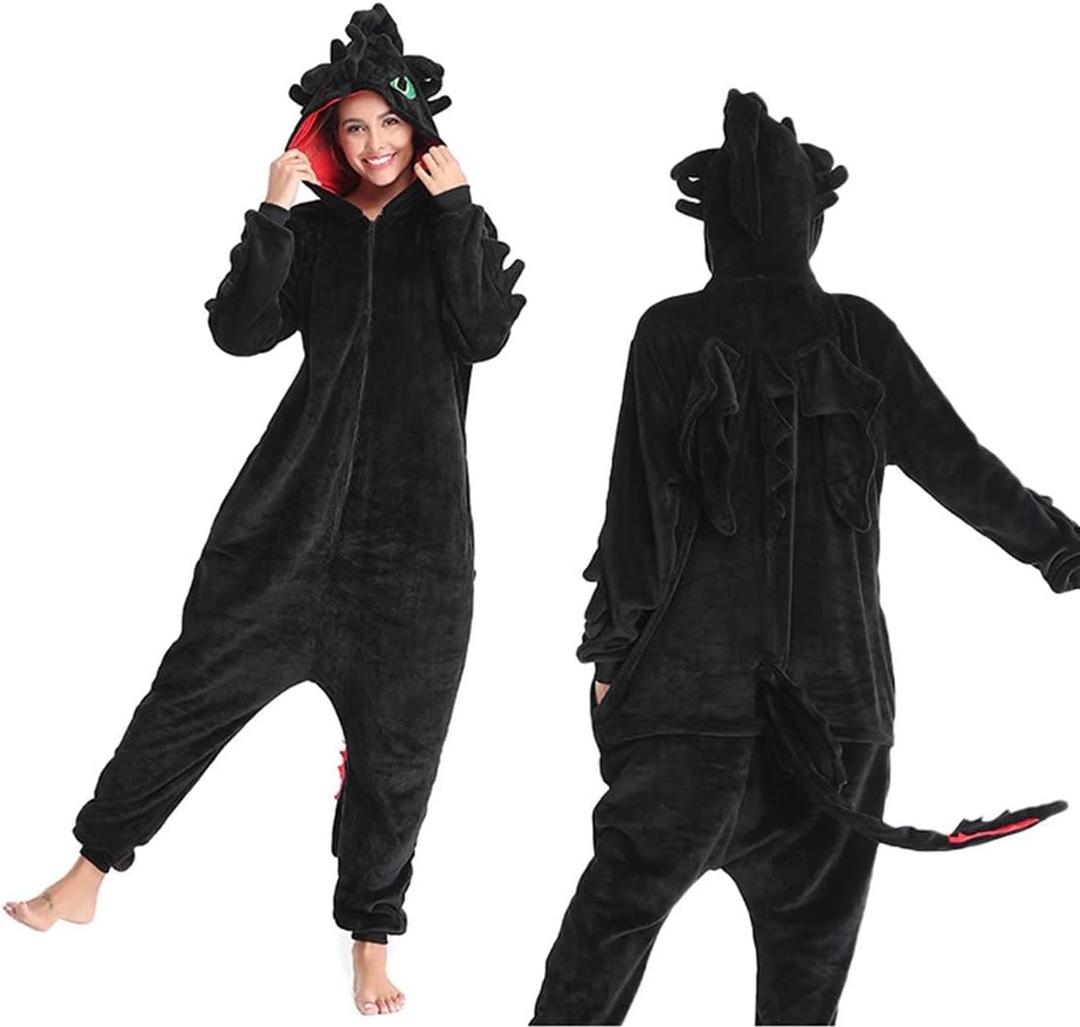 Kuberas Toothless Onesie Adults Costume Pajamas Animal Flannel Zipper Hooded One-Piece Halloween Cosplay Costume Sleepwear (Small, Black)