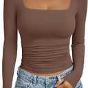 Trendy Queen Womens Long Sleeve Shirts Crop Tops Basic Square Neck Going Out Fall Fashion 2025 Fitted Clothes Workout Outfits (Medium, Coffee)
