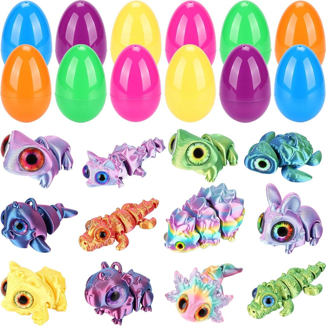 12 Pack Easter Eggs with 3D Printed Toys Easter Egg Fillers Mini Animal Fidget Figures for Basket Stuffers Basket Essentials Egg Hunt Easter Gifts for Boys Girls