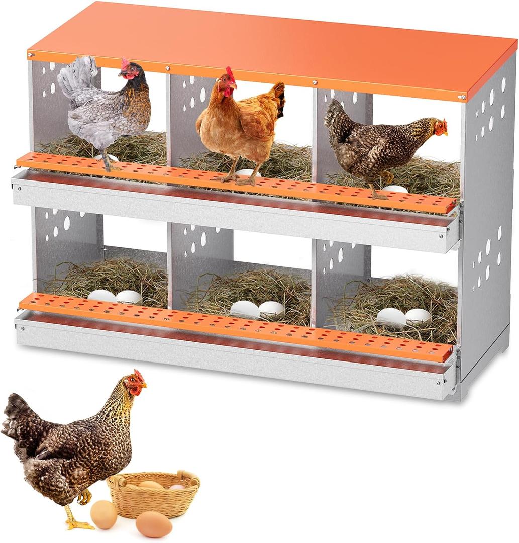 Chicken Nesting Box, 6 Compartment Metal Nesting Boxes for Hens Laying Eggs, Rust Proofed Nest Box with Roll-Away Egg Collection Laying Box for Chicken Coop