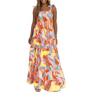 AlvaQ Women's 2025 Summer Sleeveless Floral Print Maxi Dress Strap Square Neck Beach Sun Dress (L)