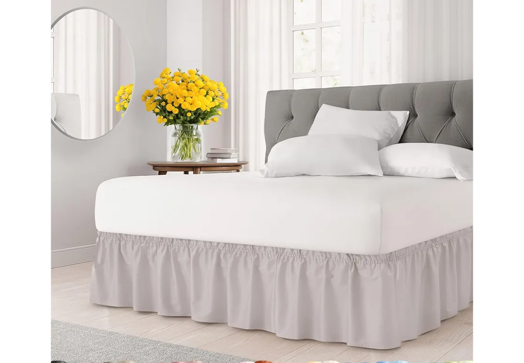 Wrap Around Dust Ruffle Bed Skirt - Light Grey - for Queen Size Beds with 18 Inch Drop - Elastic Strap - Adjustable Pleated Bedskirt with Brushed Fabric and Wrinkle Free - For Women, Men, Kids & Teens