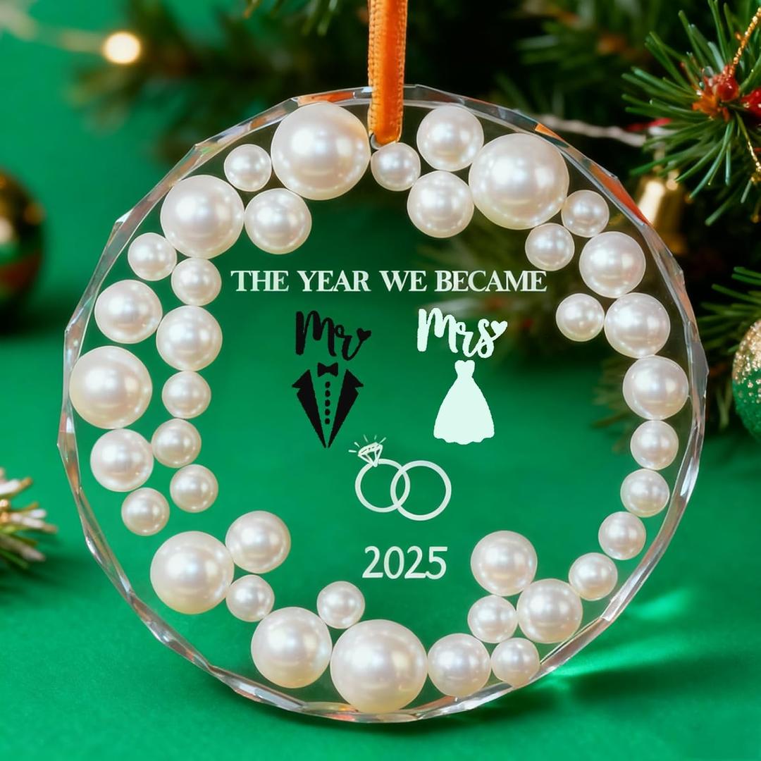 2 x Wedding Gifts-2025 Personalized First Christmas Married Ornament - Mr and Mrs Wedding Gift for Couples, Bridal Shower Gift for Bride & Newlyweds, Crystal Glass Just Married Ornament (White-B)