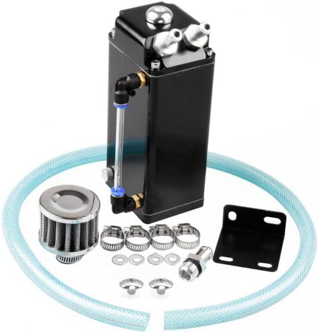 RULLINE Oil Catch Can Square Shape Aluminum Reservoir with Breather Filter 500ML Black