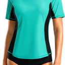SANTINY Rash Guard for Women UPF 50+ Bathing Suit Sun Protection Short Sleeve Swimsuit Top Quick Dry Swim Shirts for Women, Aqua Black Navy XL