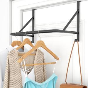 Over The Door Clothes Hanger Rod, Metal Over The Door Hanger for Coat, Clothes Drying Rack for Door for Laundry, Bedroom, Washroom, Fits Door Up to 1.97", Black (2 Hooks)