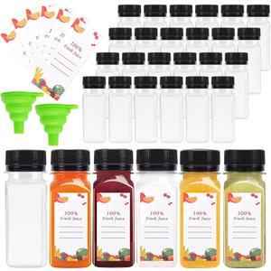 OBKJJ 80pcs 2oz Pcs Juice Bottles, Juice Bottle with Caps Reusable Empty Clear Bottles with Label, Funnel, Brush Bulk Beverage Containers for Juicing, Drinking, Smoothie and Other Beverages (2oz)
