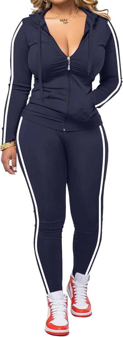Women 2 Piece Outfits Casual Workout Sets Striped Bodycon Tracksuit Zip Up Long Sleeve Hoodle Jacket Jogger Pant Set (Medium, Navy Blue)