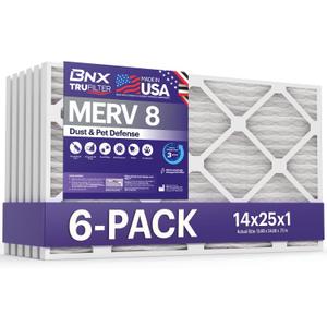BNX TruFilter 14x25x1 Air Filter MERV 8 (6 Pack) - MADE IN USA  Dust & Pet Defense Electrostatic Pleated Air Conditioner HVAC AC Furnace Filters for Dust, Pet, Mold, Pollen MPR 600  700 & FPR 5