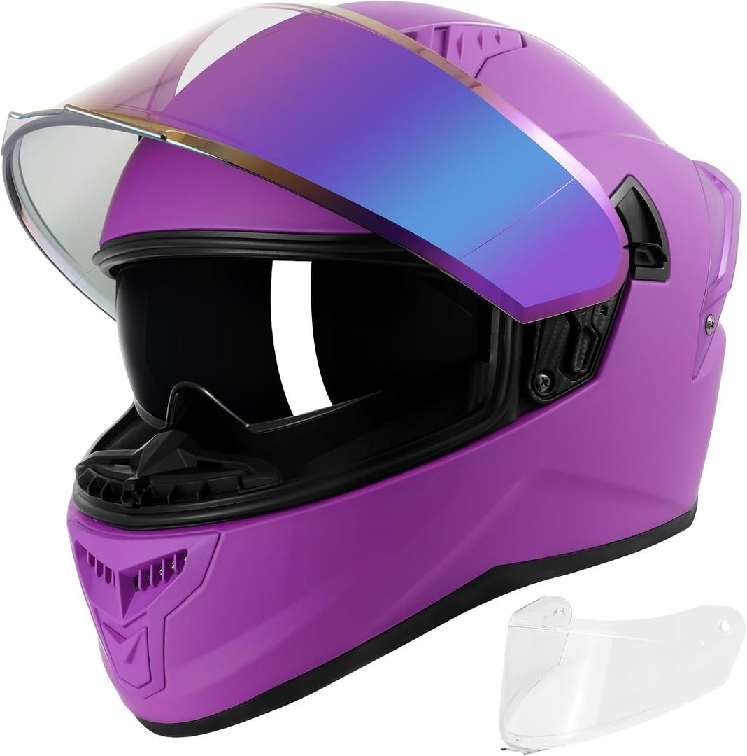 Full Face Motorcycle Helmets for Adult Men Women, DOT Approved Street Bike Racing Helmet Dual Visor Quick Release Buckle, Motorbike ADV Moped Helmet with Extra Clear Visor (Large, Matte Purple)