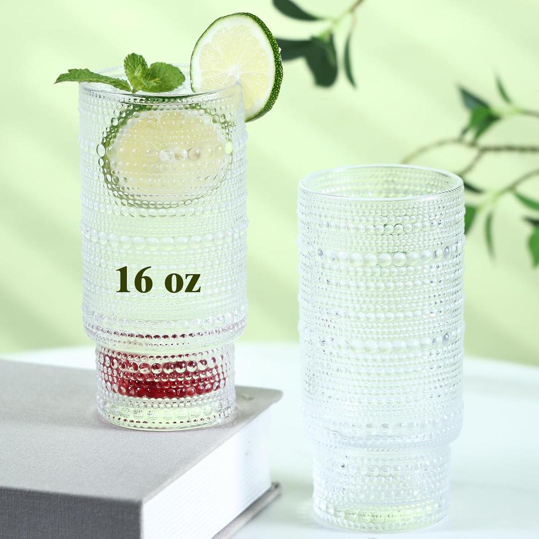 6pcs Hobnail Drinking Glasses Set, 16 oz Vintage Glassware Drinking Glasses, Clear Water Glasses Tumbler, Cups for Kitchen, Juice, Beer, Cocktail, Whiskey