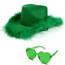 4E's Novelty Cowboy Hat with feathers With Heart Shaped Sunglasses for Women, Felt Cowgirl Hat for Party Costume Dress Up (Green)