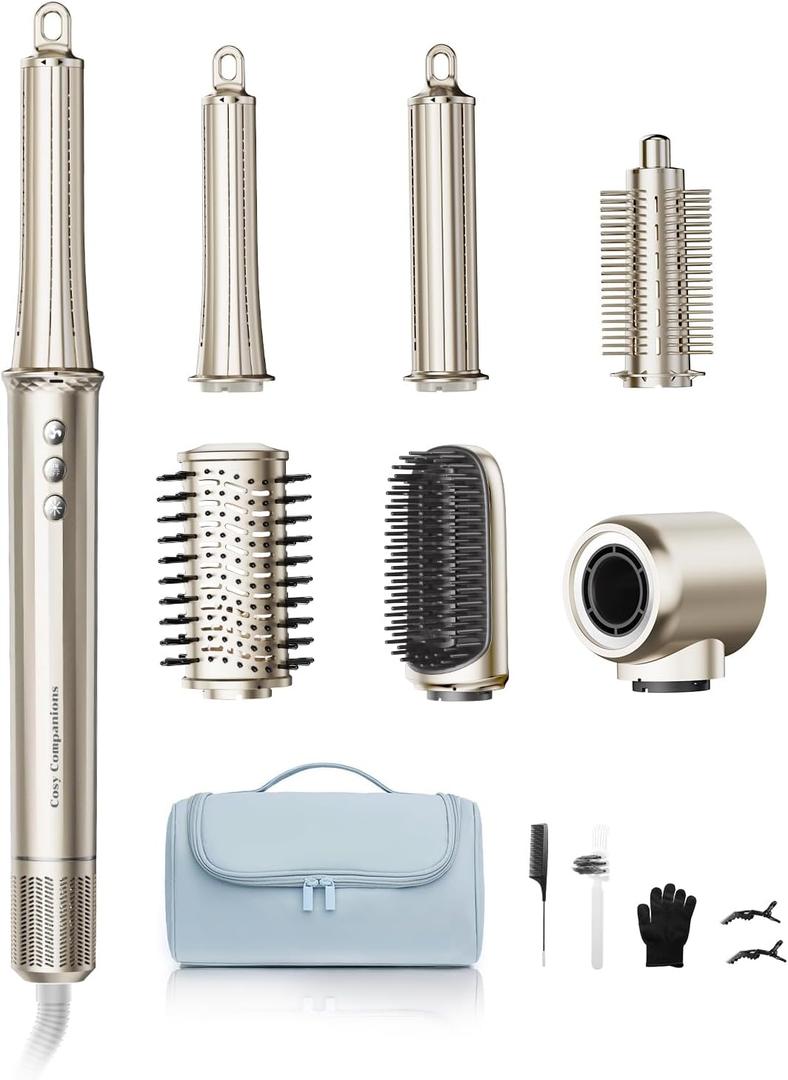 6-in-1 Hair Dryer Brush, Hair Styler with Automatic Curlers, 150,000 RPM High-Speed Negative Ionic Hair Dryer Fast Drying, Blow Dryer Brush for Curling/Volumizing/Straightening with Travel Bag, Gold