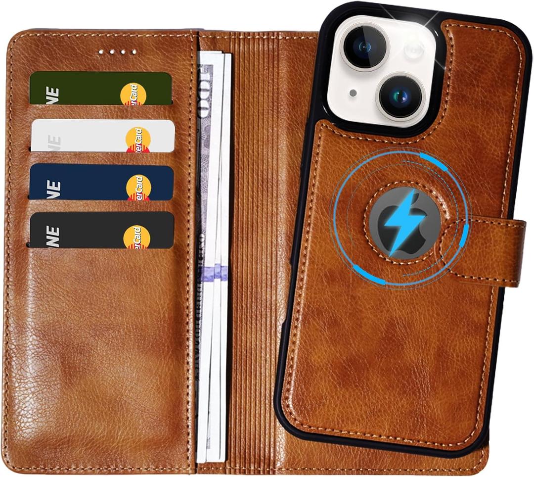 2 in 1 PU Leather for iPhone 14 Plus/15 Plus Case, Detachable Wallet Case with Card Holder, Removable Flip Folio Cover with RFID Blocking, Stand Shockproof Phone CoverCompatible with MagSafe Brown