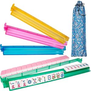 Non-Slip Mahjong Racks with Pushers, Set of 4 Clear Acrylic Tile Holders for American Mahjongg, Mahjong Accessories and Storage Bag, Transparent Mahjong Racks (Multicolored)