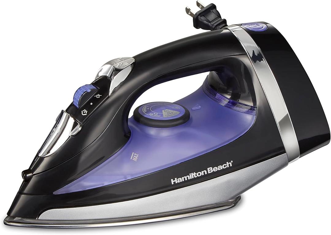 Hamilton Beach Steam Iron for Clothes & Garment Steamer with Smooth Press Stainless Steel Soleplate, 1200 Watts, 8 Retractable Cord, Black (14214)