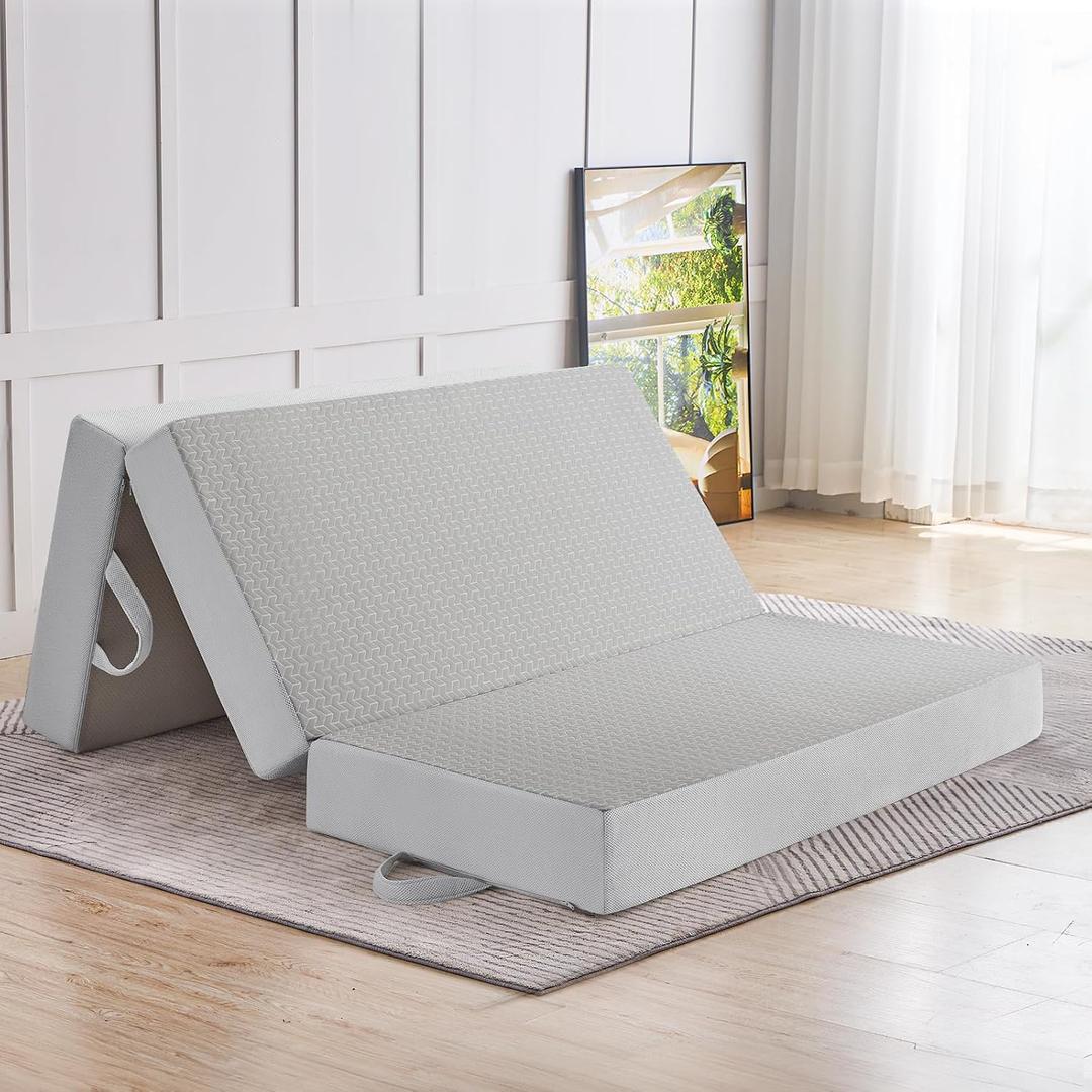 CYMULA Folding Mattress Full Size, 6 inch Memory Foam Tri Portable Murphy Bed and Futon, Full Topper with Breathable & Washable Cover, Foldable Floor Mattress for RVGuest BedsGrey (52"73"6")