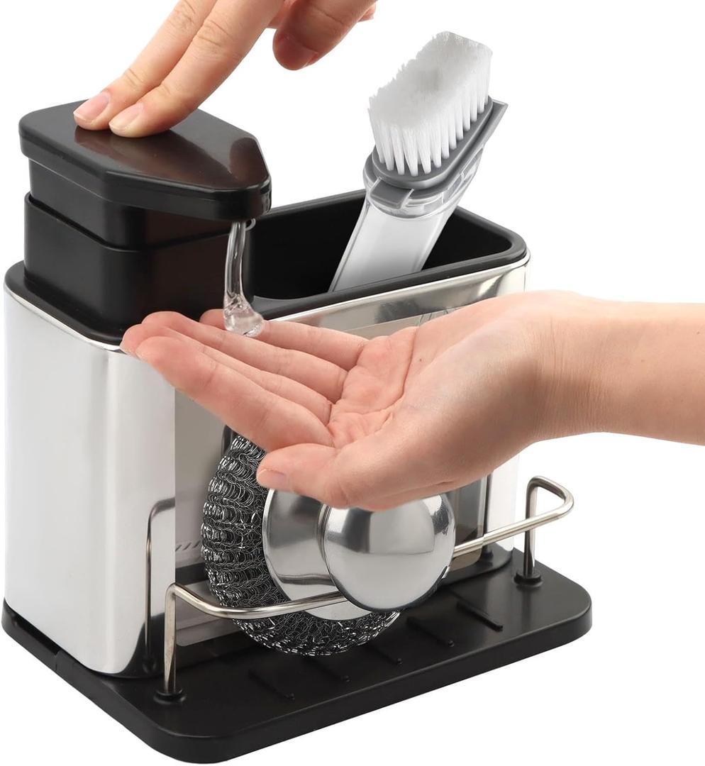 Soap Dispenser for Kitchen & Bathroom Sink, 3-in-1 Sponge Holder with Steel Wool Scrubber, Sink Organizer Tray Drainer Rack, Stainless Steel Dish Soap Dispenser with Sponge Holder
