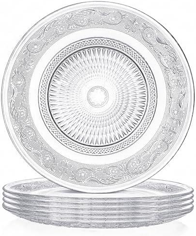 Elsjoy Set of 6 Glass Dinner Plate, 10 Inch Large Serving Plate Round Clear Glass Plate, Vintage Embossed Dinnerware for Pasta, Salad, Home Wedding Decor