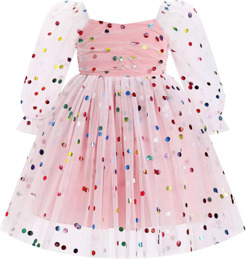 FYMNSI Kids Girls Flower Girl Dress Sheer Mesh Long Sleeve Ruffle Tulle Tutu Dress Toddler Baby Wedding Birthday Xmas Dresses (18-24 Months, Pink Polka Dots)