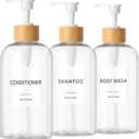 Shampoo and Conditioner Dispenser, Refillable Plastic Shampoo Pump Bottles with Waterproof Labels, Empty Body Wash Dispenser Set for Bathroom, Shower Soap Bottles (Clear, Set of 3, 16.9oz)