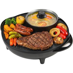 OVENTE Electric Hot Pot and Grill Combo, 2-in-1 Portable Countertop Cooker with Temperature Control Perfect for Korean BBQ, Shabu Shabu and Soup with Free Strainer, Chopsticks and Tong, Black GH10133B