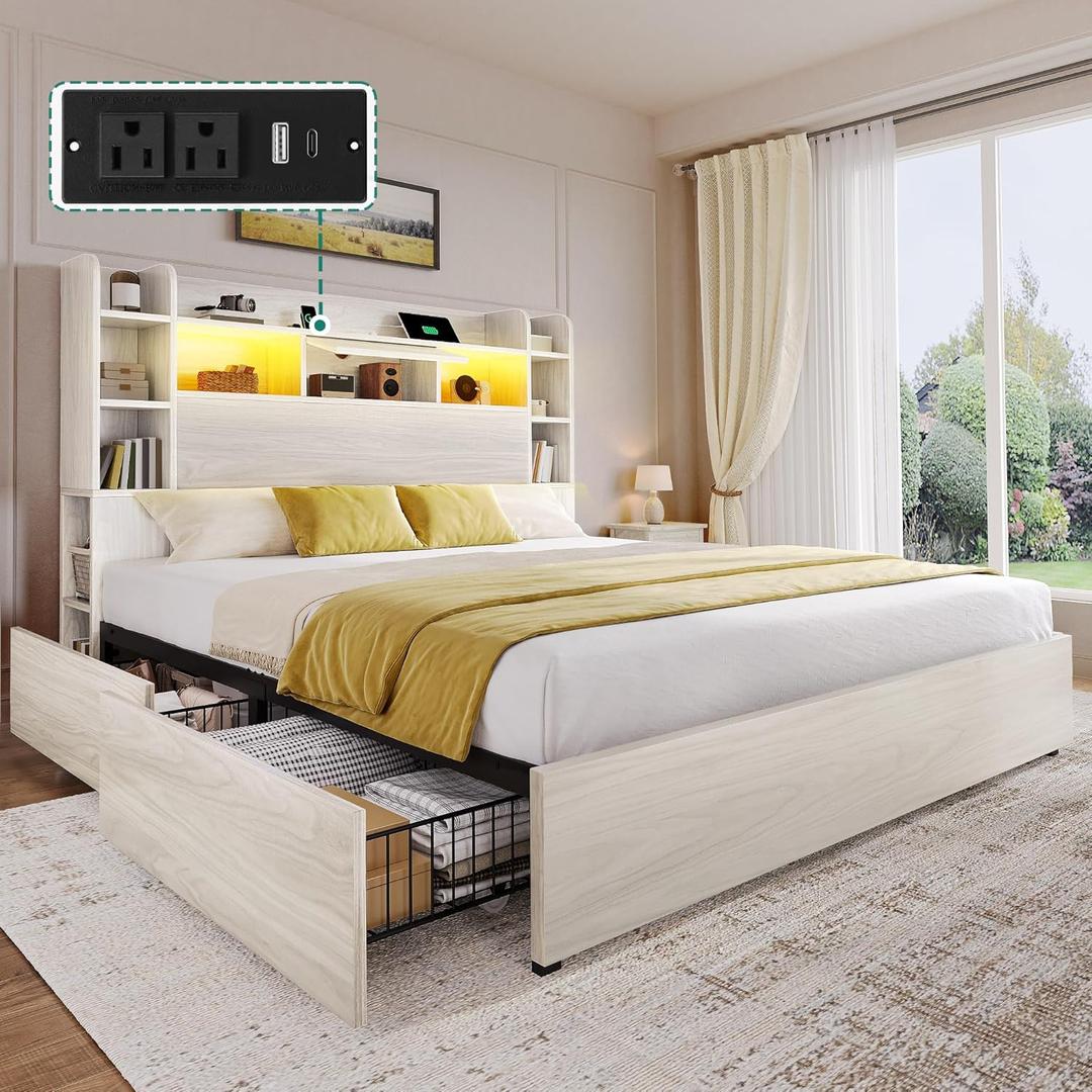 DWVO Queen Size Bed Frame with Bookcase Headboard and 4 Storage Drawers, RGB LED Bed Frame with Type-C & USB Charging Station Storage Headboard Bed, No Box Spring Needed, Noise Free, Antique White