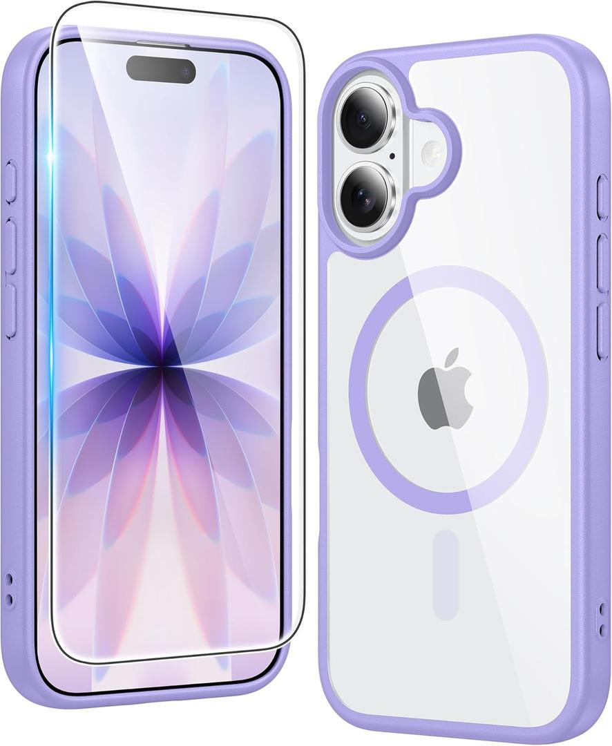 FNTCASE for iPhone 17 Case Clear: Magnetic Phone Cases with Screen Protector Drop Proof Compatible with Magsafe Slim Anti Yellowing Rugged Shockproof Protective Transparent Cell Cover (B-Purple)