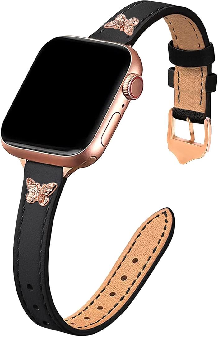 JR.DM Slim Leather Bands Compatible with Apple Watch Band 38mm 40mm 41mm 42mm 44mm 45mm 46mm 49mm, Genuine Leather Band with Charms, Feminine Design for Iwatch Ultra SE Series 11 10 9 8 7 6 5 4 3 2 1