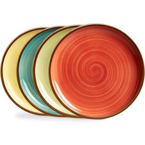 ONEMORE Porcelain Plates Set 10.5 inch Large Dinner Plates for Salad Dessert Ceramic Serving Plate Set of 4, Microwave and Dishwasher Safe (Assorted Color)
