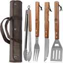 5pcs BBQ Grill Accessories Set - Stainless Steel Grilling Tools with Ergonomic Wooden Handle Includes Spatula, Tongs, Knife, Fork & Carry Bag, Grill Tools Set BBQ Utensils Gifts Set for Men Dad