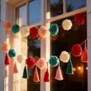 Tissue Paper Pompom Garland with Cotton Tassels, 2 Pcs Christmas Garland for Mantel, Window, Staircase, Holiday Party Decorations, Christmas Hanging Decorations, Green Red Pink Pompom