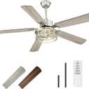 TENGXIN 52 Inch Farmhouse Ceiling Fan - Industrial Ceiling Fans with Light and Remote Control,Brushed Nickel Ceiling Fan with 5 Reversible Blades,TXCF-BN001
