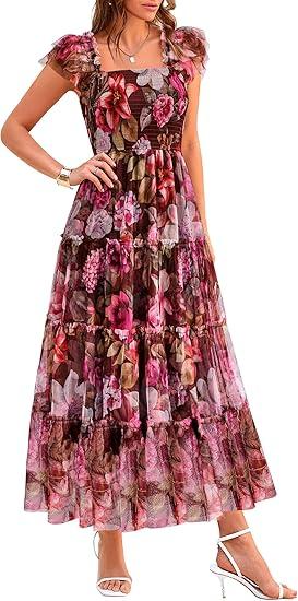 PRETTYGARDEN Women's Summer Tulle Midi Dress Sleeveless Smocked Ruffle Flowy Mesh Dresses Party Wedding Guest Sundress, M