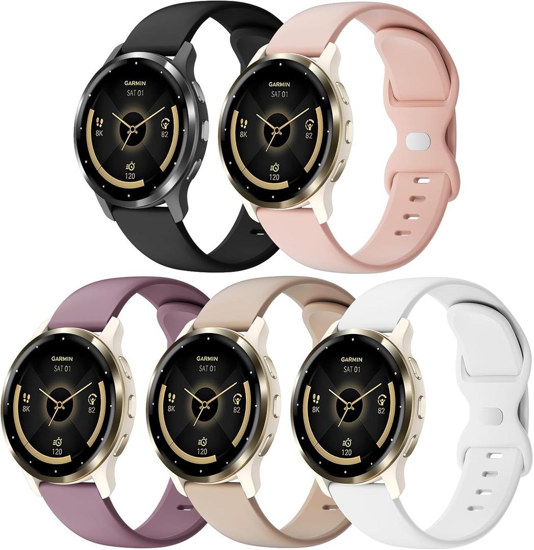 5 Pack 18mm Silicone Watch Band Compatible with Garmin Vivoactive 4S/Vivomove 3S/Venu 3S 41mm/Venu 4 41mm/Venu 2S/Forerunner 255S/265S, Quick Release Soft Sport Straps for Women Men
