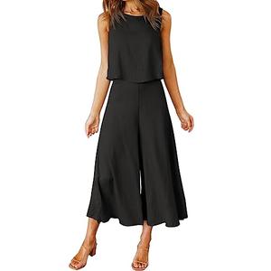ROYLAMP Women's Summer 2 Piece Outfits Round neck Crop Basic Top Cropped Wide Leg pants Set Jumpsuits Black, Large