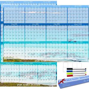 24" x 36" 2026 Wall Calendar Dry Erase - Large Rolled Beach Wall Calendar Wet & Dry Erasable Laminated 12 Month Annual Yearly Planner, Reversible, Horizontal/Vertical, Blue