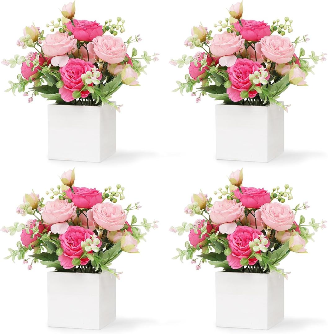 Dining Table Centerpiece Set of 4 - Artificial Peony Flowers with Wooden Vase - Boho Fake Rose Bouquets Small Faux Silk Floral Arrangement for Wedding Party Bathroom Home Dcor, Pink